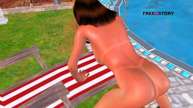 Cute 3D Anime Girl Masturbates With Bottle In Doggy Style Near Pool