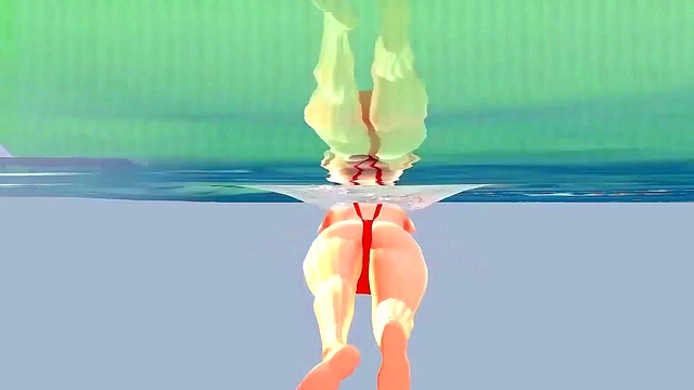 Anime Girl in Tiny Bikini Shows Nipples While Swimming Seductively