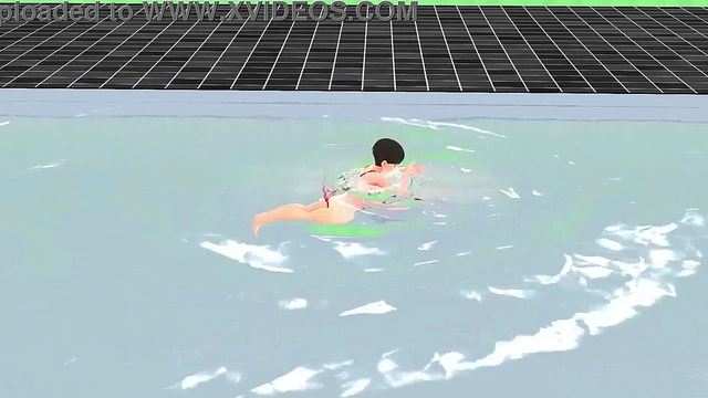 Anime Girl in Tiny Bikini Shows Nipples While Swimming Seductively