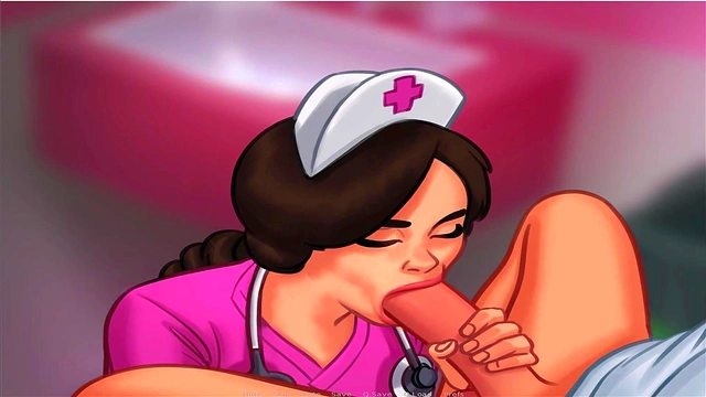 Busty Summer Saga Nurse Gives Animated Blowjob in Japanese Hentai Game
