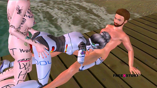 Cute 3D Anime Robot Sexbot Engages in Hot Threesome with Lesbian Strapon Action