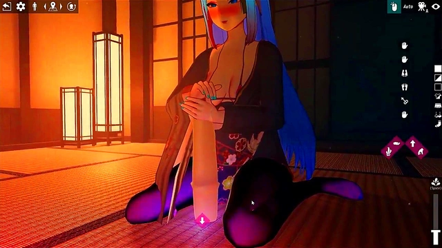 Busty Futanari Girl Gives Footjob & Blowjob to Living Dildo for Huge 3D cumshot