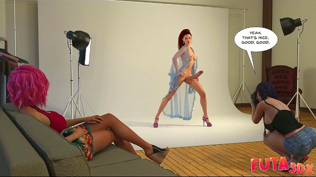 Purple-Haired Futanari Babe Photo Shoot Freak Fest With Double Blowjob & Pussy Feast