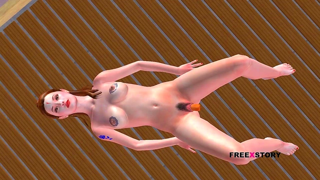 Teen Girl Masturbates With Carrot On The Floor In Seductive 3D Anime Scene