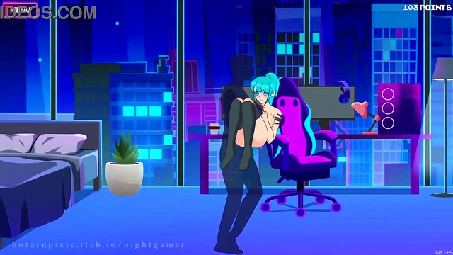 Cute Nightgamer Girl With Socks Enjoying Erotic Anime Action