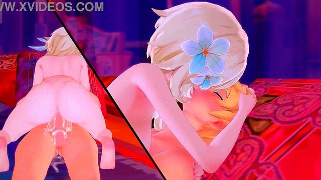 Blonde Lumine & Aether Bond in 3D Anime Cowgirl Session for Creamy Finish