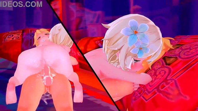 Blonde Lumine & Aether Bond in 3D Anime Cowgirl Session for Creamy Finish