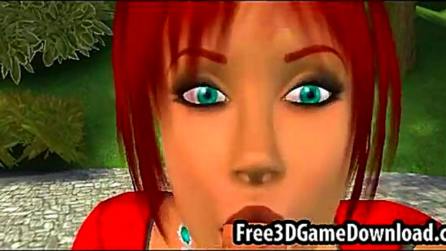 Sexy 3D Cartoon Babe in Red Dress Gives Intense Blowjob
