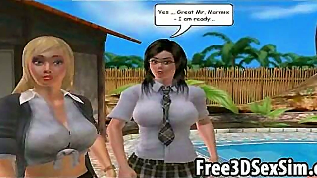 Two Sexy 3D Cartoon Babes Share Stud's Hard Dick In Wild Group Action