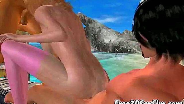 Blonde Babe Gets Double Teamed Hardcore On The Beach In 3D Anime Action