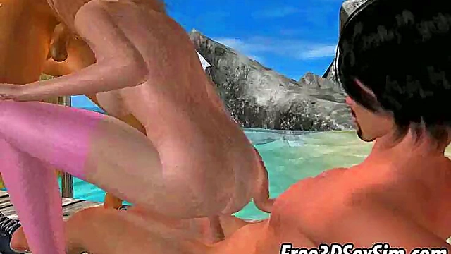Blonde Babe Gets Double Teamed Hardcore On The Beach In 3D Anime Action