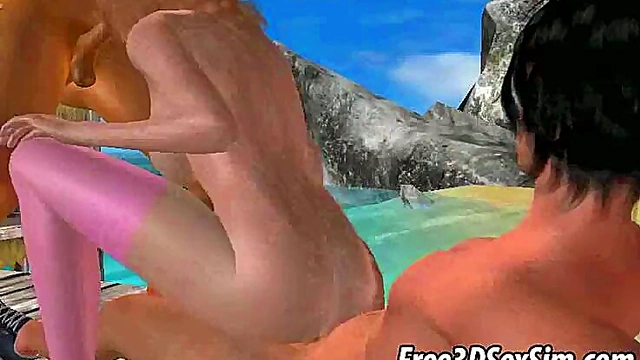 Blonde Babe Gets Double Teamed Hardcore On The Beach In 3D Anime Action