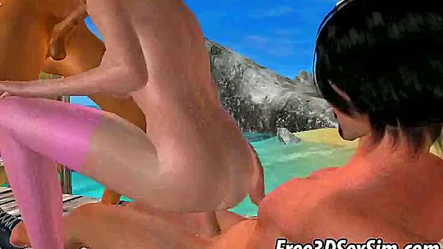 Blonde Babe Gets Double Teamed Hardcore On The Beach In 3D Anime Action