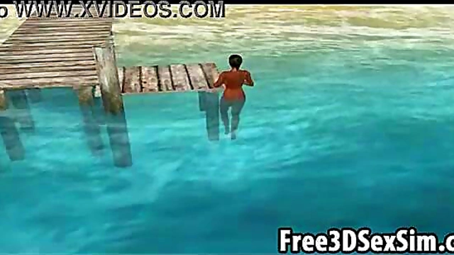 Sexy Ebony Cartoon Honey Goes Skinny Dipping Outdoors