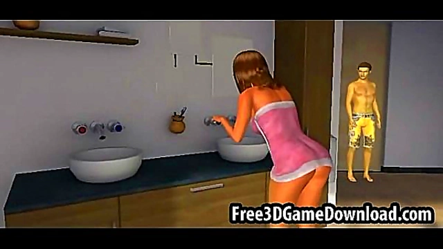 Beautiful 3D Cartoon Babe With Long Brown Hair Gets Touched And Teased