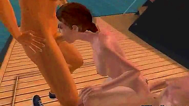 Double Teamed 3D Brunette Babe Gets Fucked Hard On A Boat Outdoors