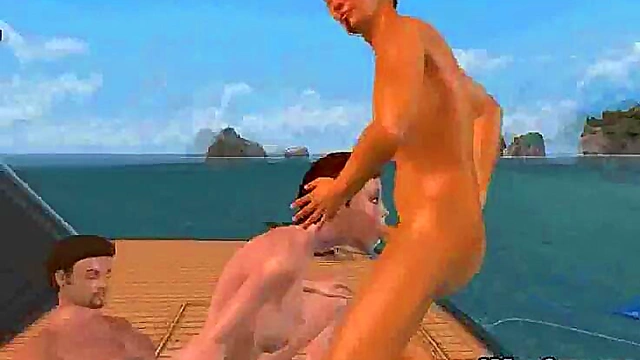 Double Teamed 3D Brunette Babe Gets Fucked Hard On A Boat Outdoors