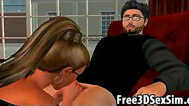 Sexy 3D Brunette Babe in Glasses Sucks Dick for Hardcore Blowjob Fun