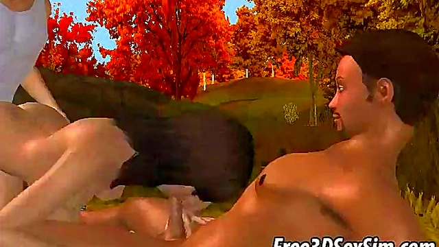 Double Teamed 3D Babe Gets Wild Outdoor Hardcore Action