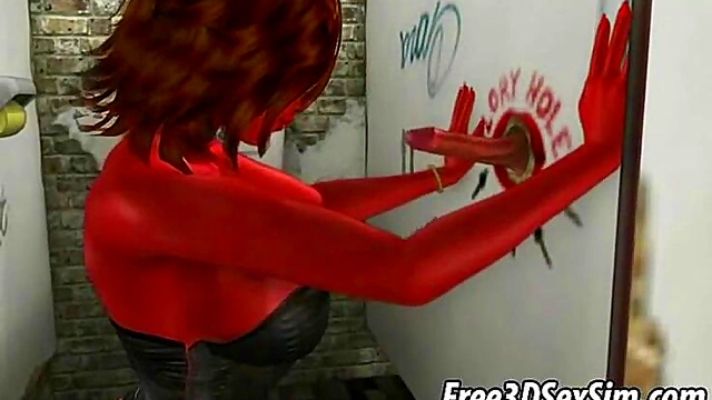 Busty Brunette Sucks Dick Through Glory Hole For 3D Anime Blowjob Feast