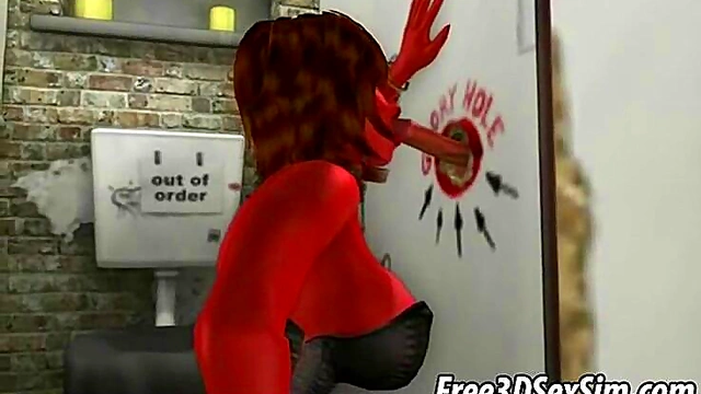 Busty Brunette Sucks Dick Through Glory Hole For 3D Anime Blowjob Feast