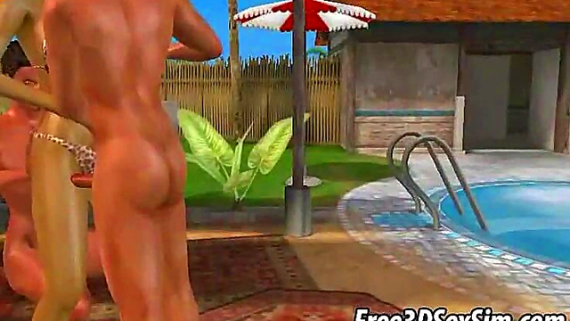 Busty Blonde Babe Gets Double Teamed By The Pool In Hardcore 3D Anime Fun