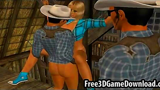 Blonde 3D Cartoon Babe Takes Two Studs for Hot Threesome Action