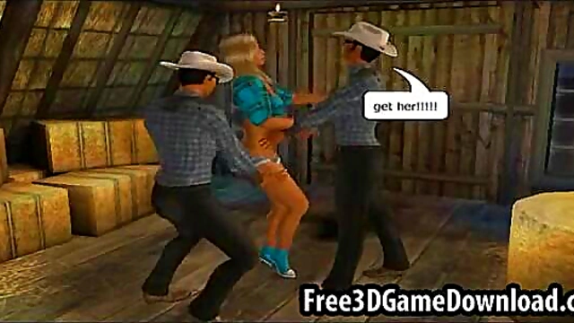 Blonde 3D Cartoon Babe Takes Two Studs for Hot Threesome Action