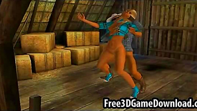 Blonde 3D Cartoon Babe Takes Two Studs for Hot Threesome Action