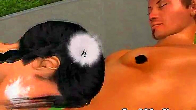 Hot 3D Brunette Babe Gets Double Teamed Outdoors For Hardcore Fun