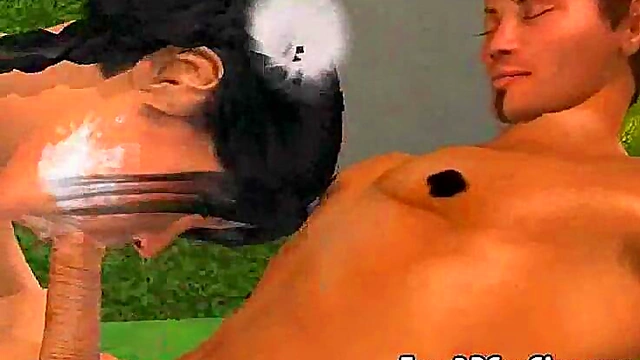 Hot 3D Brunette Babe Gets Double Teamed Outdoors For Hardcore Fun