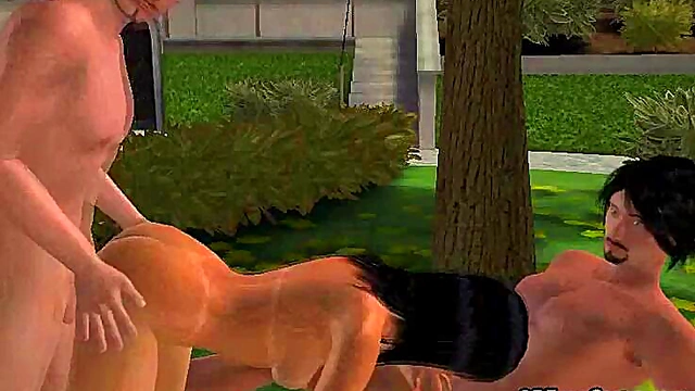 Foxy 3D Babe Takes On Two Cocks Outdoors In The Park For Hardcore Fun