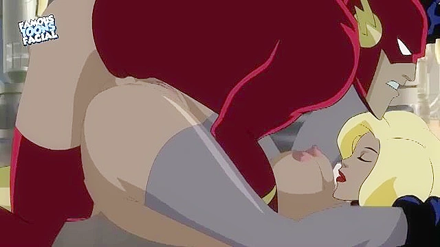 The flash gets a blowjob and titty fuck from a busty villain