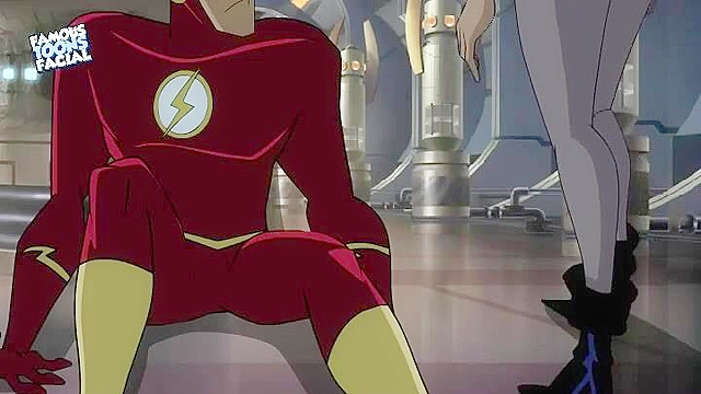 The flash gets a blowjob and titty fuck from a busty villain