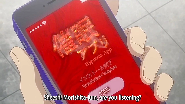 Pervy dude uses hypnosis app on anime schoolgirl with huge tits for public fuck