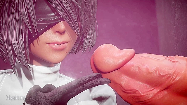 2B sucks off and fucks two huge futa dicks in a bathroom gloryhole