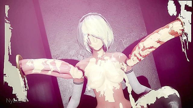 2B sucks off and fucks two huge futa dicks in a bathroom gloryhole