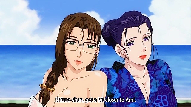 Horny japanese aunt and hentai girl give a double blowjob to dirty pervert