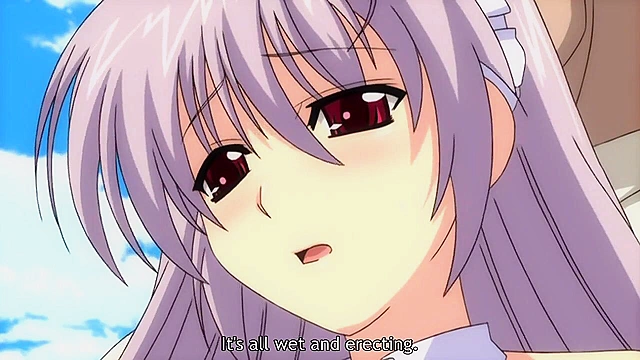 Cute anime teen in waitress outfit masturbates while guys cum all over her