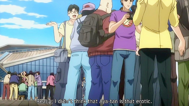 Cute anime teen in waitress outfit masturbates while guys cum all over her