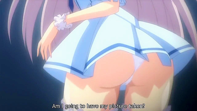 Cute anime teen in waitress outfit masturbates while guys cum all over her