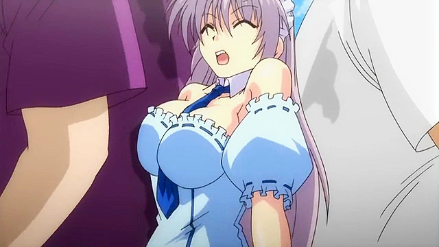 Cute anime teen in waitress outfit masturbates while guys cum all over her