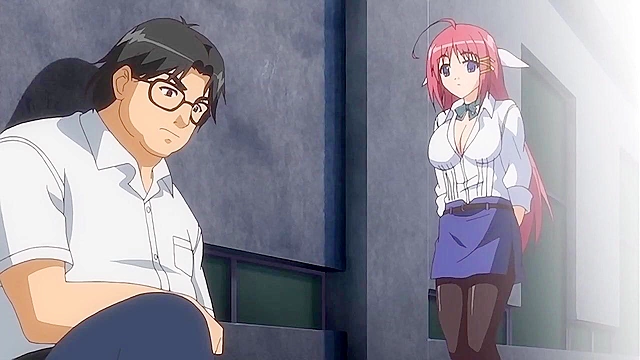 Busty redhead schoolgirl gives a dork a handjob after school in the equipment room