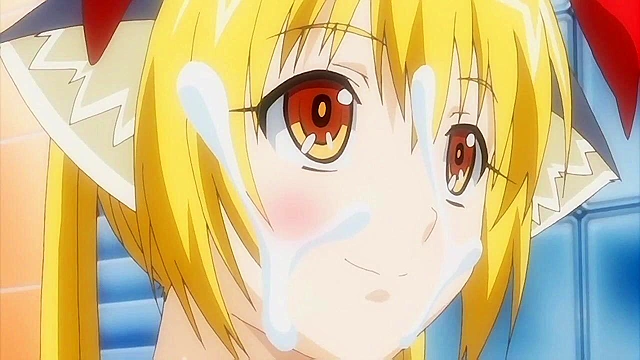 Cute anime catgirl blows a guys cock and then slurps up the cum