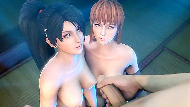 Yoshiwara Rose - Old Japanese guy gets his dick sucked by two 3d animated hookers