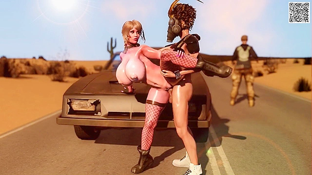 Mad Mom with huge tits fucks mad max bikers in 3D threesome