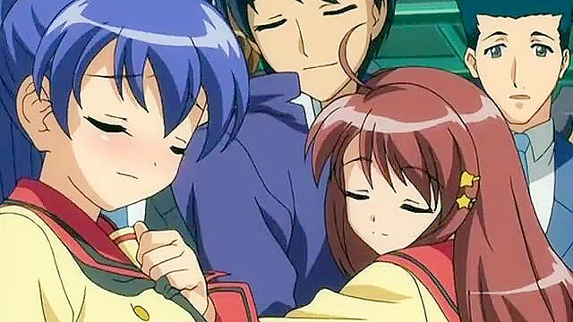 Horny teen schoolgirl in uniform gets fondled on the train by perverts