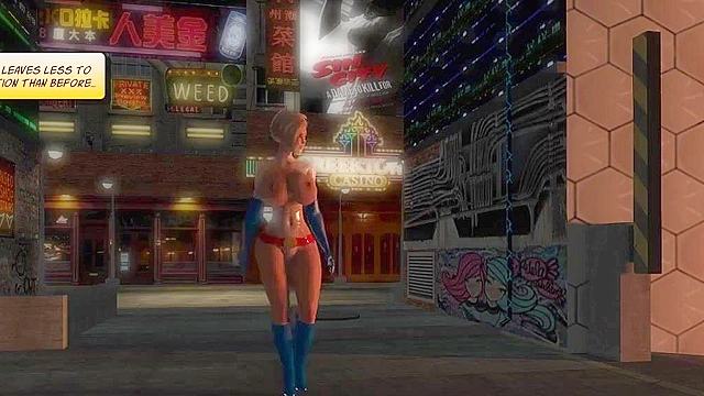 Big boobs Powergirl 3d threesome fuck in alley