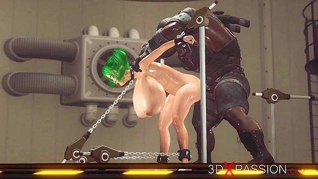 Sci-fi soldier fucks hard a bondaged slave woman with huge boobs in the lab