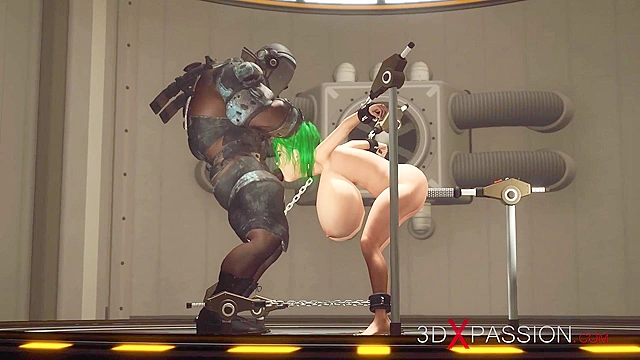 Sci-fi soldier fucks hard a bondaged slave woman with huge boobs in the lab